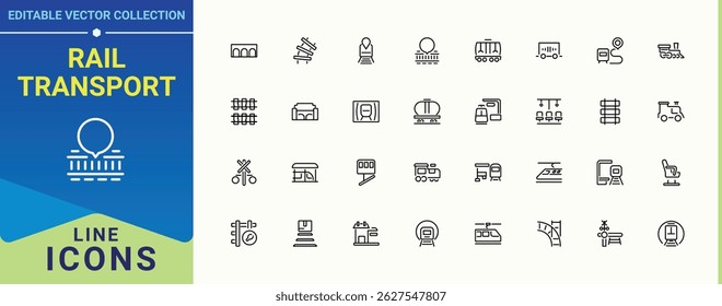 Rail Transport icon set. Pictograms of locomotive, rail, vehicle, station, subway and more. Train And Railway vector line icon set. Outline icons in linear style. Pixel perfect. Editable stroke.