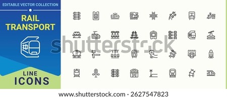 Rail Transport linear icon set. Contain linear sign station, transport, railroad, tram, subway and more. Train And Railway modern icon set. Perfect for logos and infographic. Editable vector art.