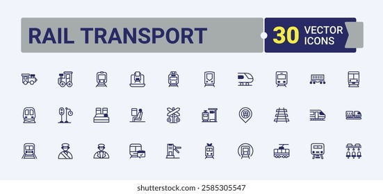 Rail Transport lined icons set. Containing railroad, metro, underground, freight, passenger, tram, traffic and more. Outline icon collection. Vector line and solid icons.