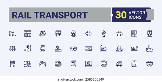 Rail Transport lined icons set. Containing railroad, metro, underground, freight, passenger, tram, traffic and more. Outline icon collection. Vector line and solid icons.