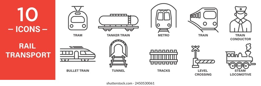 rail transport related vector icon set includs tram, tanker train, metro, train, train, steam, locomotive, and more icons