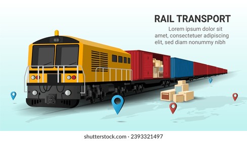 Rail transportation with container. Locomotive, Global delivery logistics, online order, Train delivery, Cargo export or import, Warehouse. Container Cargo Train. 3D Perspective Vector illustration