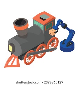 Rail transportation icon isometric vector. Warehouse manipulator near locomotive. Cargo transportation, delivery concept