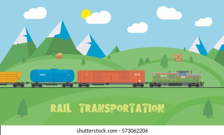 Transporte ferroviario en el paisaje estival. Diseño plano