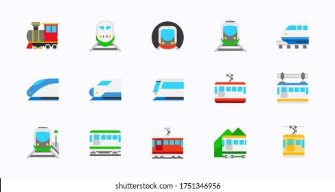 Rail transportation vector icons set. Railway, Railroad, Train Transport collection. Isolated Locomotive, High Speed, Passenger, Freight Train, Monorail, Tram, Subway, Cable Car icons pack