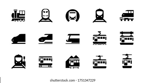 Iconos vectoriales de transporte por ferrocarril establecidos. Ferrocarril, Ferrocarril, recogida de transporte ferroviario. Locomotora aislada, alta velocidad, pasajero, tren de mercancías, monorraíl, tranvía, metro, paquete de iconos del teleférico