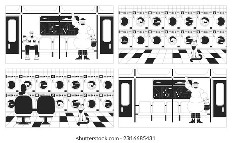 Rail travel, laundromat black and white lo fi chill wallpaper set. Washing machines, train passengers 2D vector cartoon characters illustrations, minimalism background. 80s retro album art pack