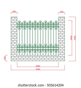 Rail  vector iron  work green paint with dimension on the white background