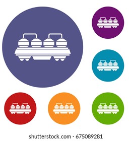 Rail wagon for construction materials icons set in flat circle red, blue and green color for web