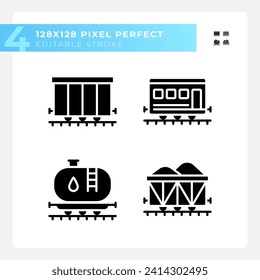 Rail wagon pixel perfect black glyph icons set on white space. Train carriage. Railroad car. Freight shipping. Logistic service. Silhouette symbols. Solid pictogram pack. Vector isolated illustration