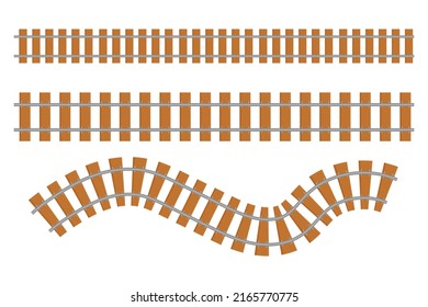 Rail way collection top view, train road in cartoon style isolated on white background. Curve line set railroad. 