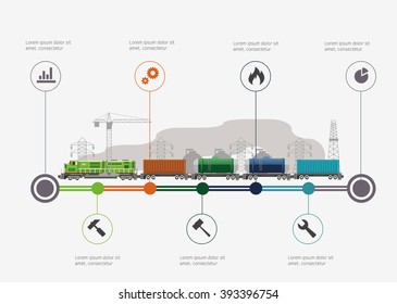 Rail way infographic time line. Industry and train transportation concept. Vector illustration