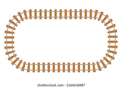 Rail way top view, train road in cartoon style isolated on white background. Curve line round railroad. 