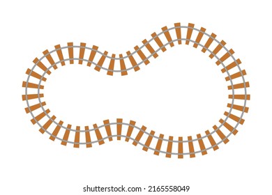 Rail way top view, train road in cartoon style isolated on white background. Curve line round railroad. 