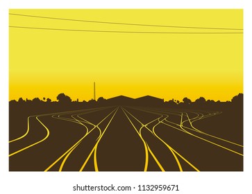 rail yard at the afternoon with building and trees silhouette background