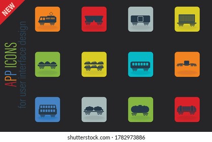 Rail-freight traffic vector color web icons on dark background for user interface design