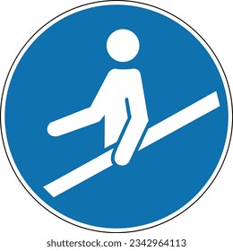 Señal de la vela. Signo obligatorio. Signo azul redondo. Utilice las barandillas para garantizar la seguridad. Precaución, escaleras, escaleras mecánicas y paseos en movimiento. Siga las normas de seguridad.