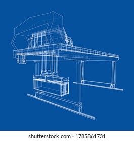 Rail-mounted gantry container crane outline. Vector rendering of 3d. Wire-frame style. The layers of visible and invisible lines are separated