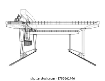 Rail-mounted gantry container crane outline. Vector rendering of 3d. Wire-frame style. The layers of visible and invisible lines are separated