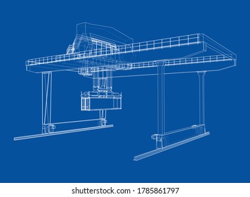 Rail-mounted gantry container crane outline. Vector rendering of 3d. Wire-frame style. The layers of visible and invisible lines are separated