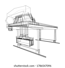 Rail-mounted gantry container crane outline. Vector rendering of 3d. Wire-frame style. The layers of visible and invisible lines are separated