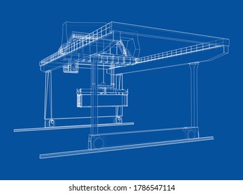Rail-mounted gantry container crane outline. Vector rendering of 3d. Wire-frame style. The layers of visible and invisible lines are separated