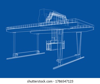 Rail-mounted gantry container crane outline. Vector rendering of 3d. Wire-frame style. The layers of visible and invisible lines are separated