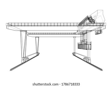 Rail-mounted gantry container crane outline. Vector rendering of 3d. Wire-frame style. The layers of visible and invisible lines are separated