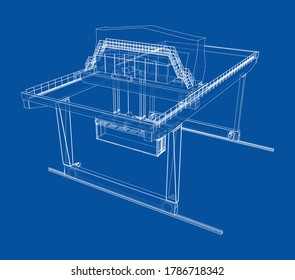 Schienengüterkranskranskranskrane. Vektorgrafik von 3d. Wire-Frame-Stil. Die Schichten sichtbarer und unsichtbarer Linien sind getrennt