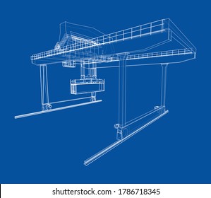 Rail-mounted gantry container crane outline. Vector rendering of 3d. Wire-frame style. The layers of visible and invisible lines are separated