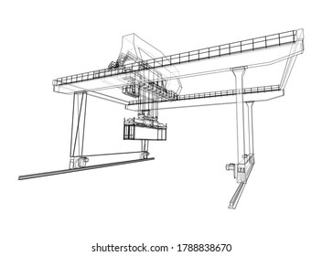 Rail-mounted gantry container crane outline. Vector rendering of 3d. Wire-frame style. The layers of visible and invisible lines are separated