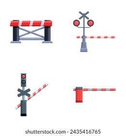 Railroad barrier icons set cartoon vector. Open and closed railway barrier. Warning sign