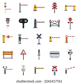 Railroad barrier icons set flat vector. Crossing railway. Sign barrier isolated