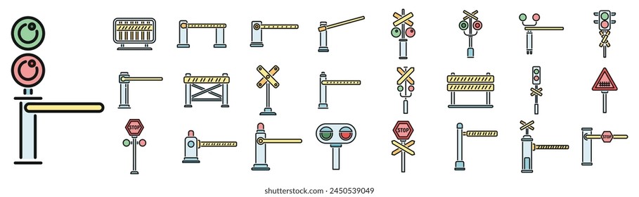 Railroad barrier icons set outline vector. Crossing railway. Sign barrier thin line color flat on white