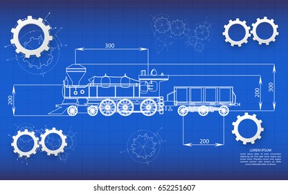  railroad blueprints isolated object gears on blue background