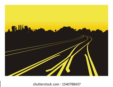 Railroad branch line in perspective view with industrial area and forest silhouette background.