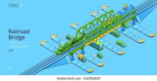 Railroad bridge banner with isometric cargo train with locomotive, tanks and platforms on viaduct over highway with cars, bus and sweeper. Vector poster of railway overpass