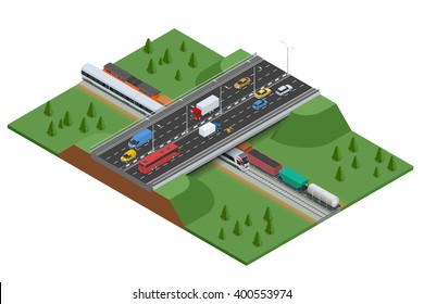 Railroad and bridge with traffic. Transport car, urban and asphalt, traffic. Isometric 3d vector illustration for infographics. 