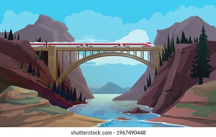 Railroad bridge with train over mountain river vector background. Mountain nature landscape with arch bridge, rock hills and trees, blue sky and cloud, train travel, rail transport, vacation adventure