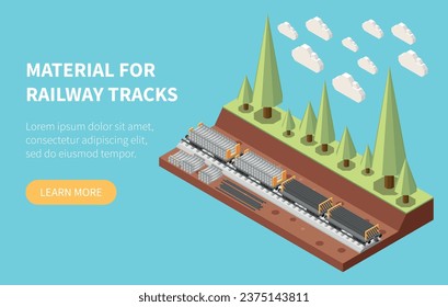 Railroad building and track laying isometric web banner with ready materials vector illustration