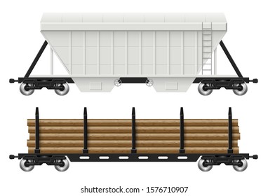 Railroad cars - hopper and log with view from side. Cargo train wagons on white background vector illustration. All elements in the groups on separate layers for easy editing and recolor