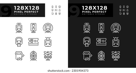 Iconos lineales perfectos de la compañía ferroviaria para el modo oscuro y claro. Transporte en tren. Ingeniería locomotora. Símbolos delgados para la noche, tema del día. Ilustraciones aisladas. Trazo editable