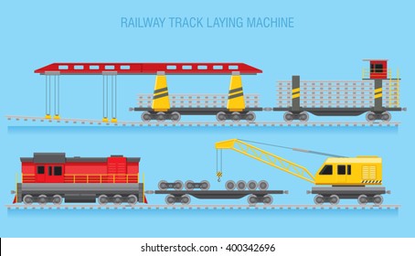 Railroad construction. Railroad track laying machine at work. Supporting machinery on the railway line. Vector illustration