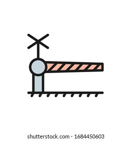 Railroad crossing with barrier, security gate flat color line icon.