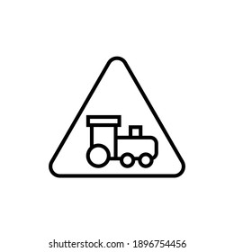 Signo de precaución de cruce de ferrocarril, signo de cruce de ferrocarril abierto en estilo de línea negra plana, aislado en fondo blanco