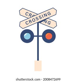 Railroad Crossing Sign And Traffic Lights Icon Isolated On White Background. Railway Station, Intersection Symbol For Locomotive Vehicle, Transport Navigation Equipment. Cartoon Vector Illustration