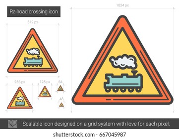 Railroad crossing vector line icon isolated on white background. Railroad crossing line icon for infographic, website or app. Scalable icon designed on a grid system.