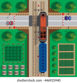 Railroad crossing. View from above. Vector illustration.