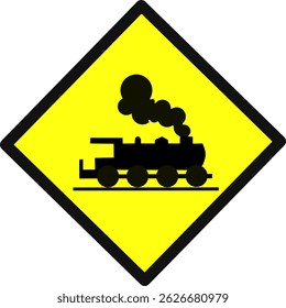 Railroad crossing warning sign with vintage steam train icon on yellow diamond. Ideal for traffic signage, road safety designs, education materials, or infographics.