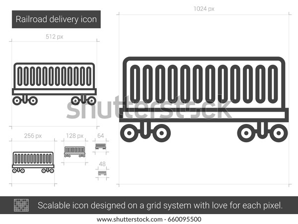 Railroad delivery vector line\
icon isolated on white background. Railroad delivery line icon for\
infographic, website or app. Scalable icon designed on a grid\
system.